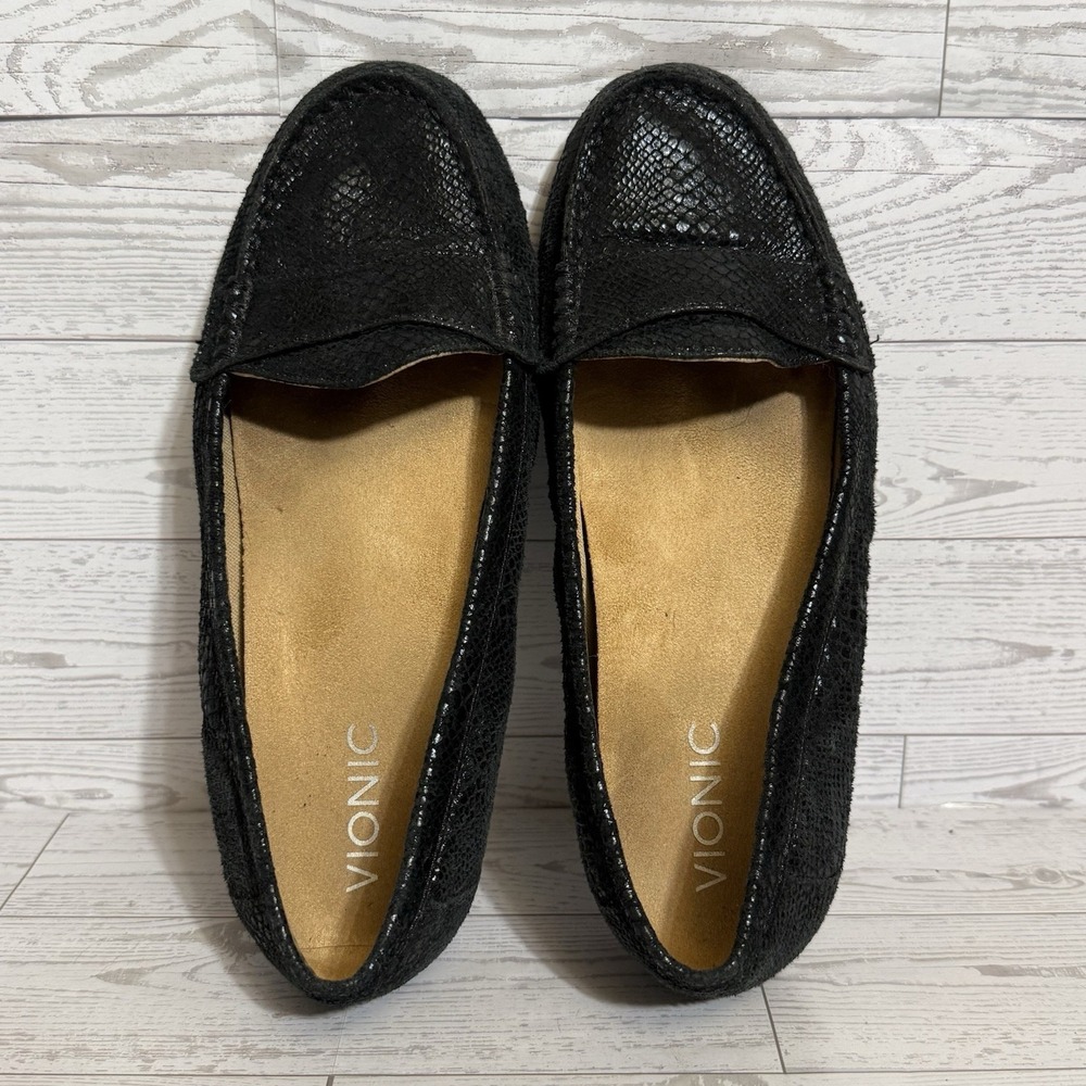 Vionic Larrun Driving Loafers Sz 8 Black Snakeskin Pattern Orthotic Flats Shoes - Picture 9 of 12